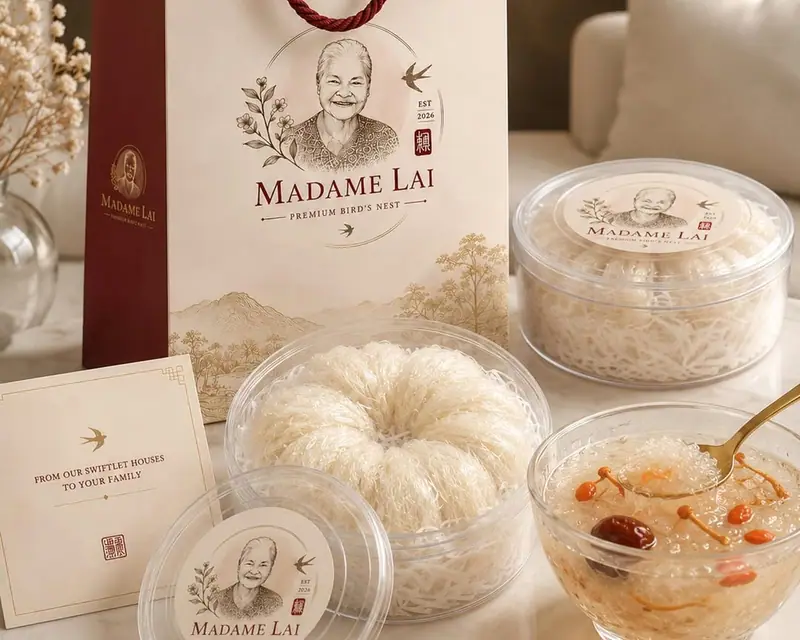Madame Lai gift bag with sealed trays of cleaned bird's nest and a prepared bowl