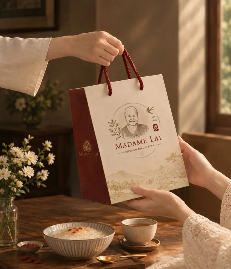 Hands passing a Madame Lai gift bag across the table